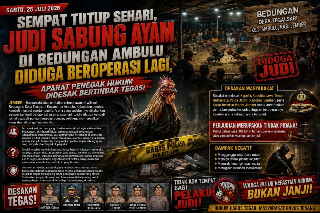 Arena Sabung Ayam Bedungan Diduga Beroperasi Lagi, Publik Pertanyakan Keseriusan Penegakan Hukum di Jember