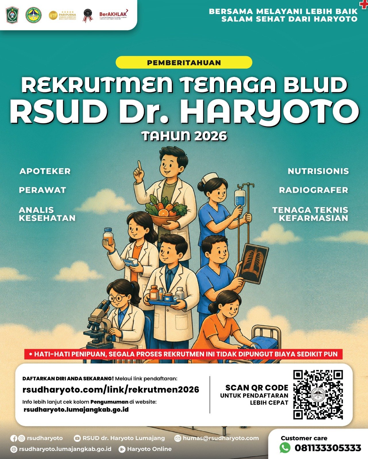 📢 RESMI DIBUKA! REKRUTMEN TENAGA BLUD RSUD DR. HARYOTO TAHUN 2026, GRATIS TANPA BIAYA APA PUN
