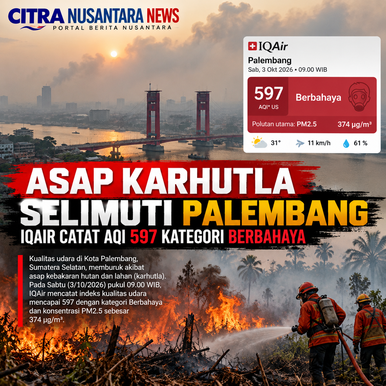 ASAP KARHUTLA SELIMUTI PALEMBANG, IQAIR CATAT AQI 597 KATEGORI BERBAHAYA